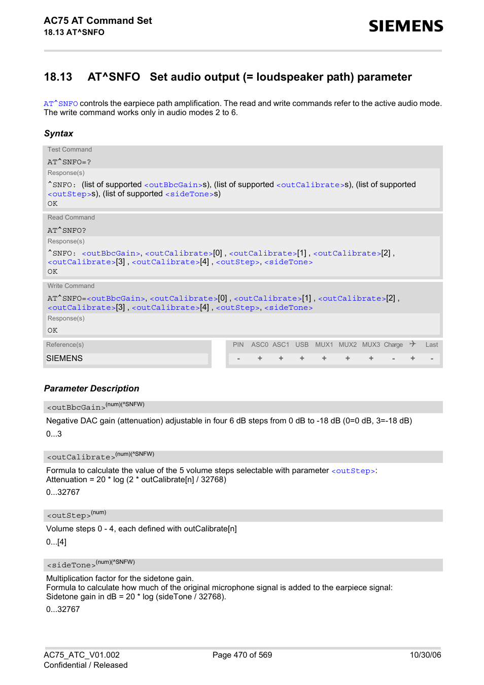 Outbbcgain, Outcalibrate, Sidetone | Outcali, Brate, At^snfo, Outstep, Ac75 at command set | Siemens AC75 User Manual | Page 470 / 569