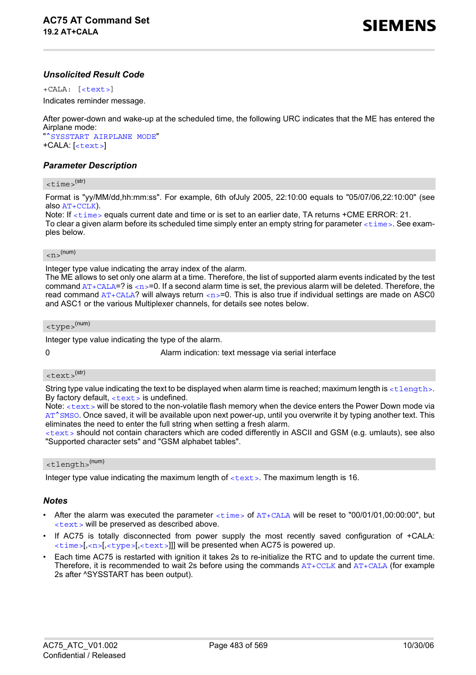 Text, Time, Cala | With, Lues, Type, E text, Tlength, S), (list of, Ac75 at command set | Siemens AC75 User Manual | Page 483 / 569