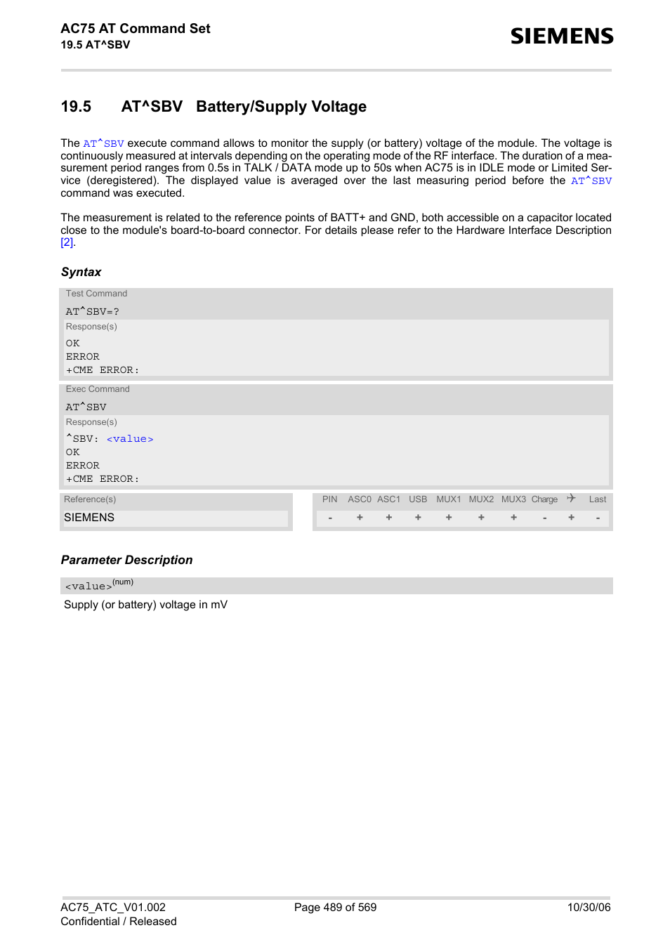 5 at^sbv battery/supply voltage, Ac75 at command set | Siemens AC75 User Manual | Page 489 / 569