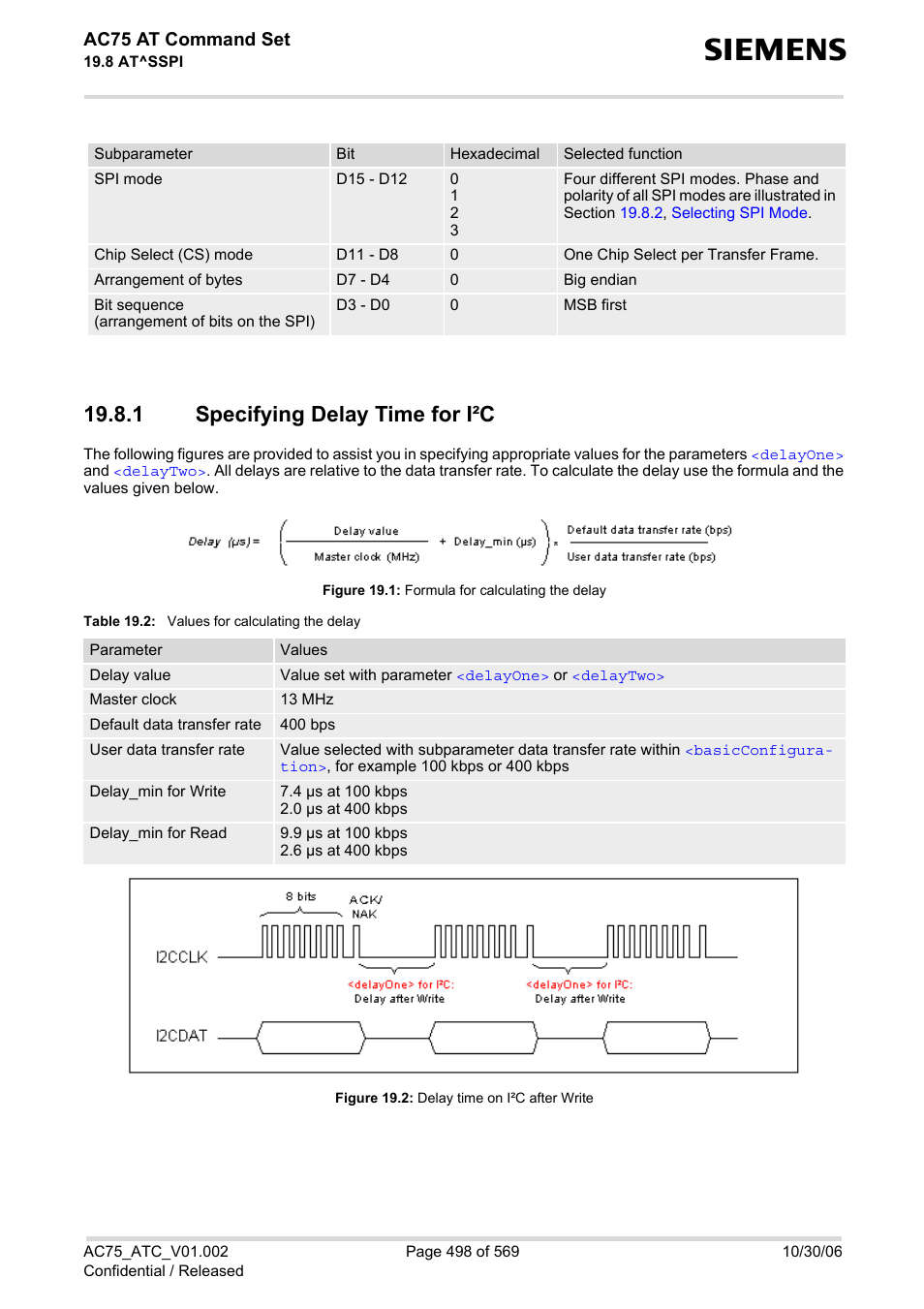 1 specifying delay time for i·c, Specifying delay time for i²c, Table 19.2 | Values for calculating the delay, Figure 19.1, Formula for calculating the delay, Figure 19.2, Delay time on i²c after write, Specifying delay time for, 1 specifying delay time for i²c | Siemens AC75 User Manual | Page 498 / 569