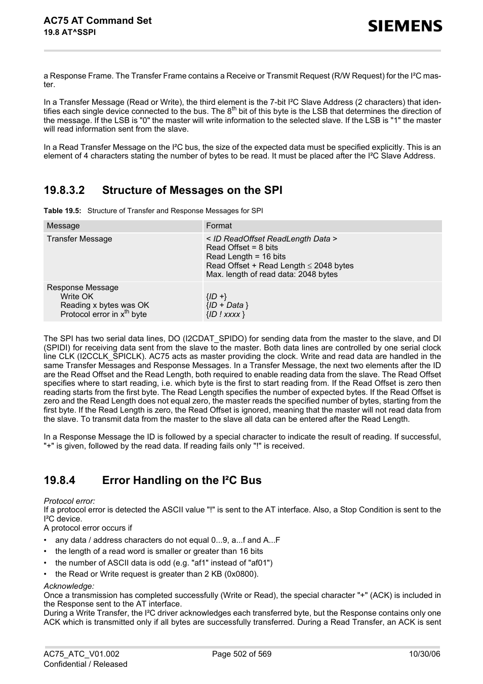 2 structure of messages on the spi, 4 error handling on the i·c bus, 2 structure of messages on the spi 19.8.4 | Error handling on the i²c bus, Table 19.5, 4 error handling on the i²c bus | Siemens AC75 User Manual | Page 502 / 569