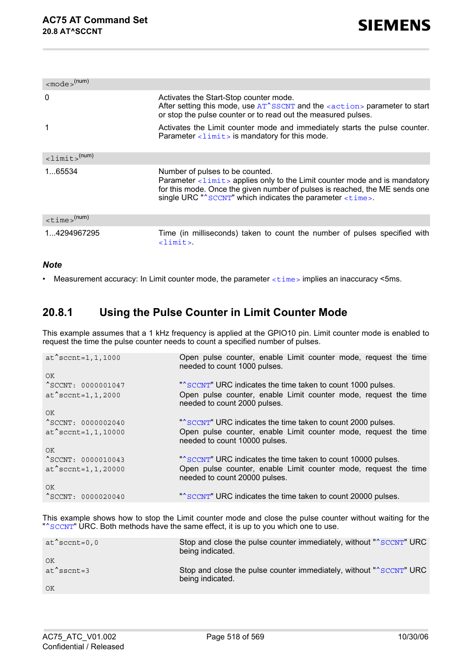 1 using the pulse counter in limit counter mode, Using the pulse counter in limit counter mode, Time | Mode, Limit, Ac75 at command set | Siemens AC75 User Manual | Page 518 / 569