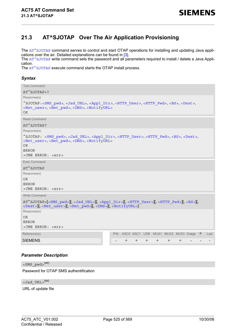 3 at^sjotap over the air application provisioning, Ac75 at command set | Siemens AC75 User Manual | Page 525 / 569