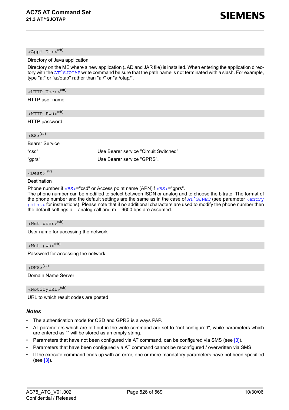 Appl_dir, Http_user, Http_pwd | Dest, Net_user, Net_pwd, Notifyurl, Ac75 at command set | Siemens AC75 User Manual | Page 526 / 569