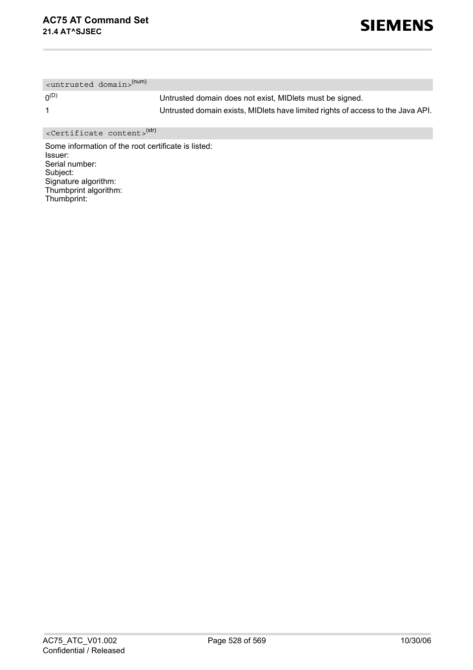 Untrusted domain, Certificate, Content | Ac75 at command set | Siemens AC75 User Manual | Page 528 / 569