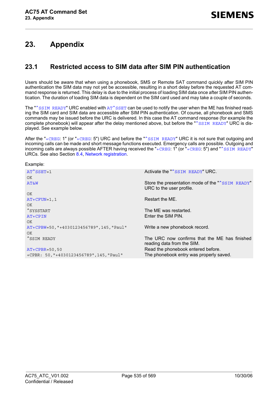 Appendix, See also section, Ction | Restricted access to sim data after sim, Pin authentication | Siemens AC75 User Manual | Page 535 / 569