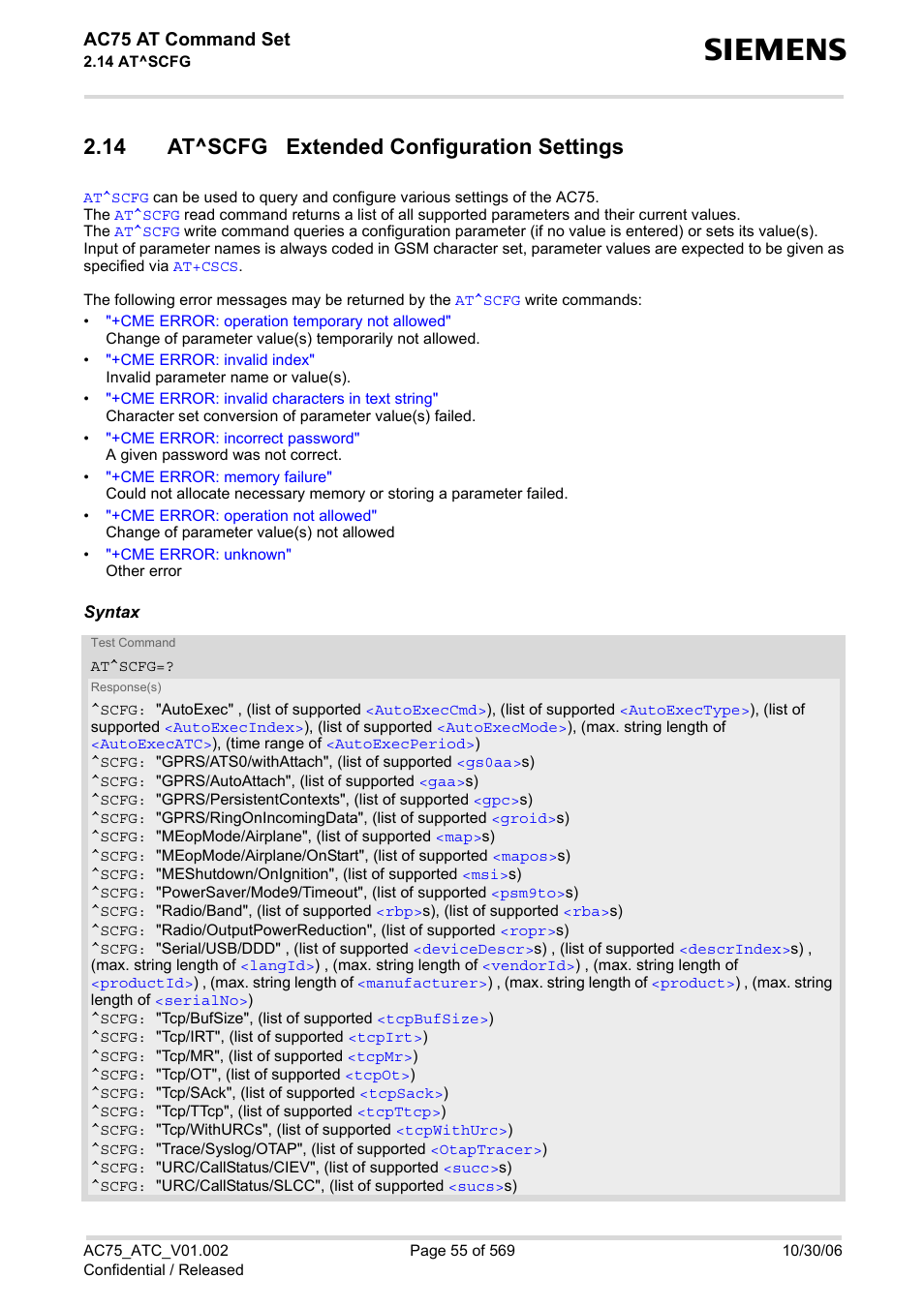 14 at^scfg extended configuration settings, At^scfg, Parameter | Ac75 at command set | Siemens AC75 User Manual | Page 55 / 569