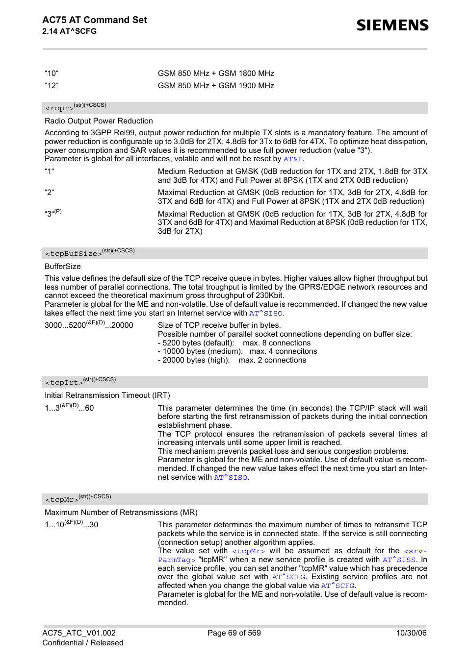 Ropr, Tcpbufsize, Tcpirt | Tcpmr, Size, Bufsize, Ac75 at command set | Siemens AC75 User Manual | Page 69 / 569