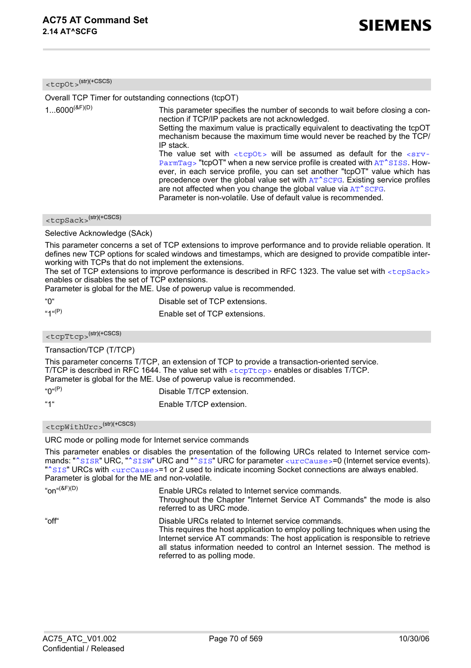 Tcpot, Supported, Tcpsack | Tcpttcp, Tcpwithurc, Cp/sack, Ac75 at command set | Siemens AC75 User Manual | Page 70 / 569