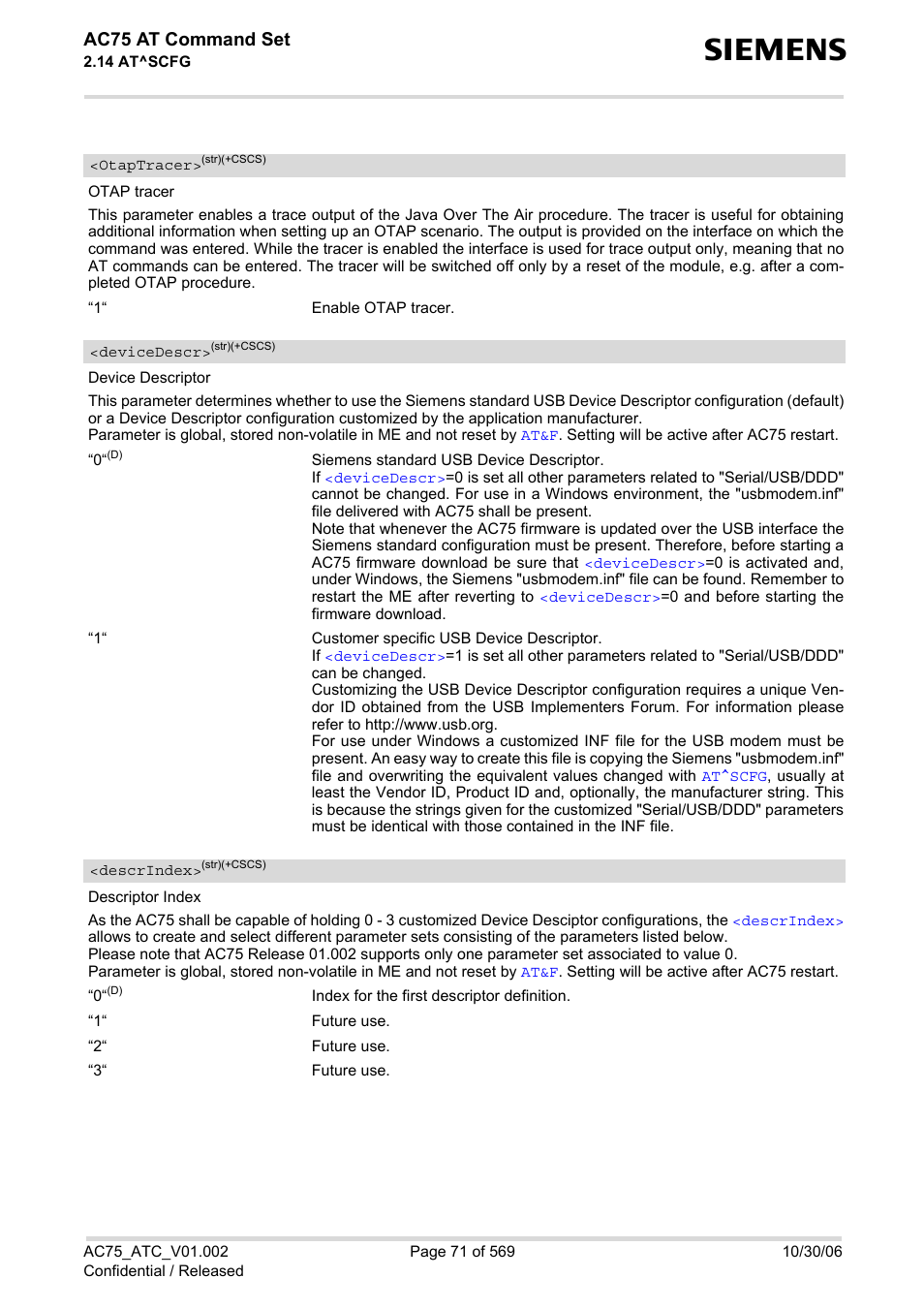 Supported, Devicedescr, Descrindex | Otaptracer, Ac75 at command set | Siemens AC75 User Manual | Page 71 / 569