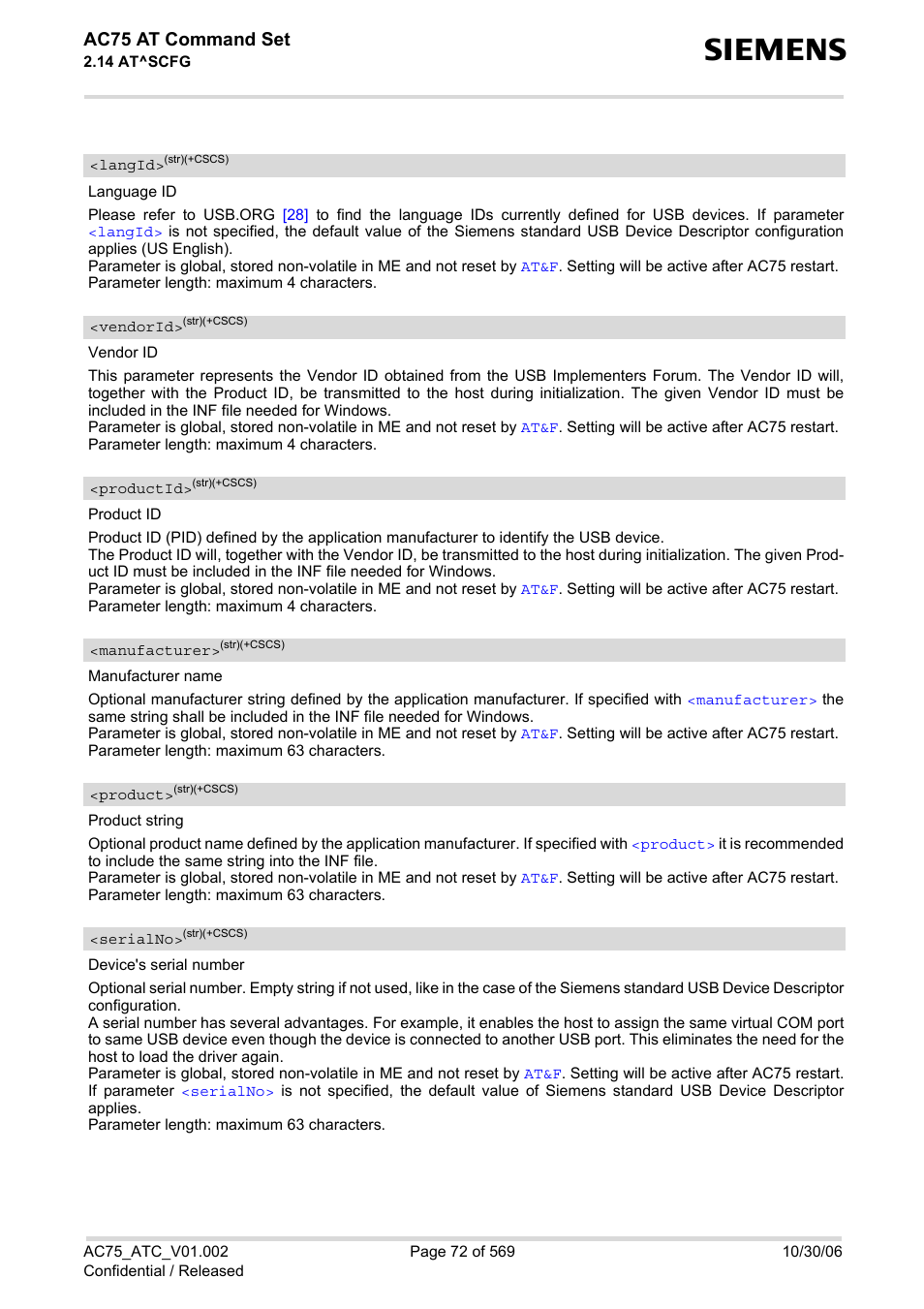 Langid, Vendorid, Productid | Manufacturer, Product, Serialno, Ac75 at command set | Siemens AC75 User Manual | Page 72 / 569