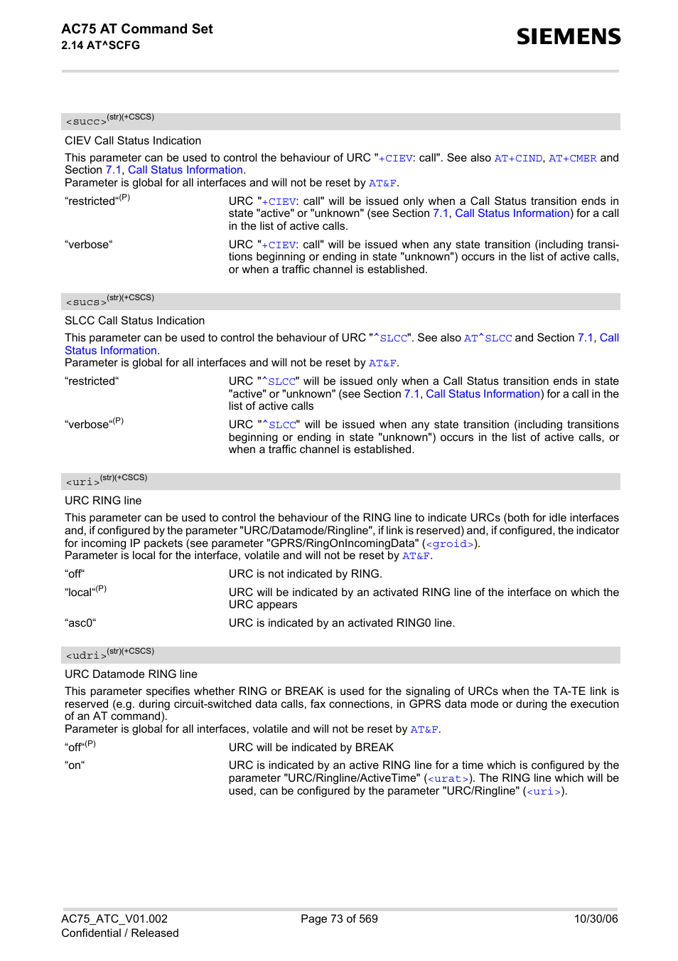 Succ, Sucs, Udri | Pported, Ac75 at command set | Siemens AC75 User Manual | Page 73 / 569