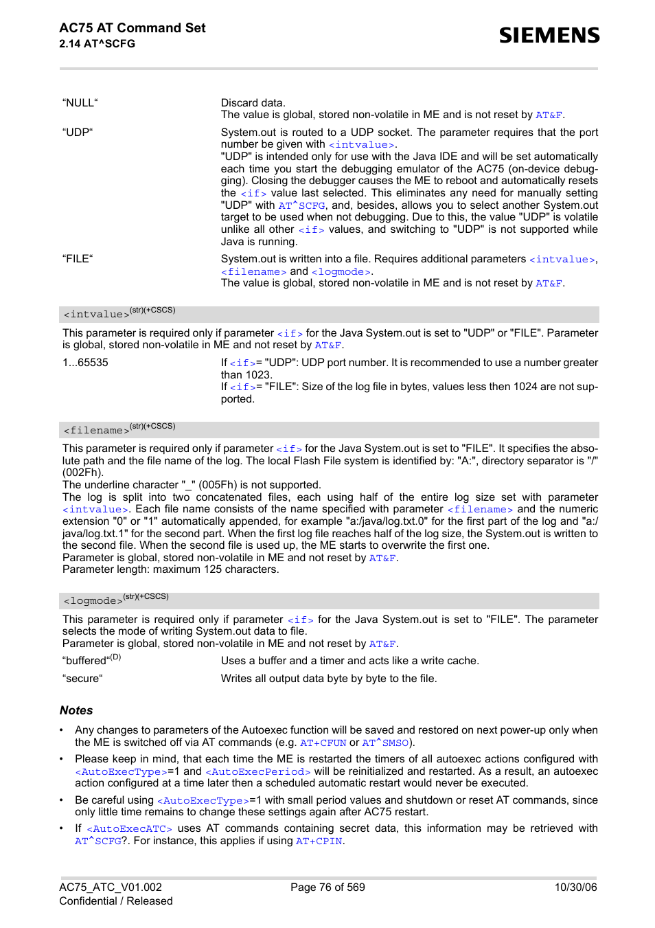 Intvalue, Filename, Logmode | Ac75 at command set | Siemens AC75 User Manual | Page 76 / 569