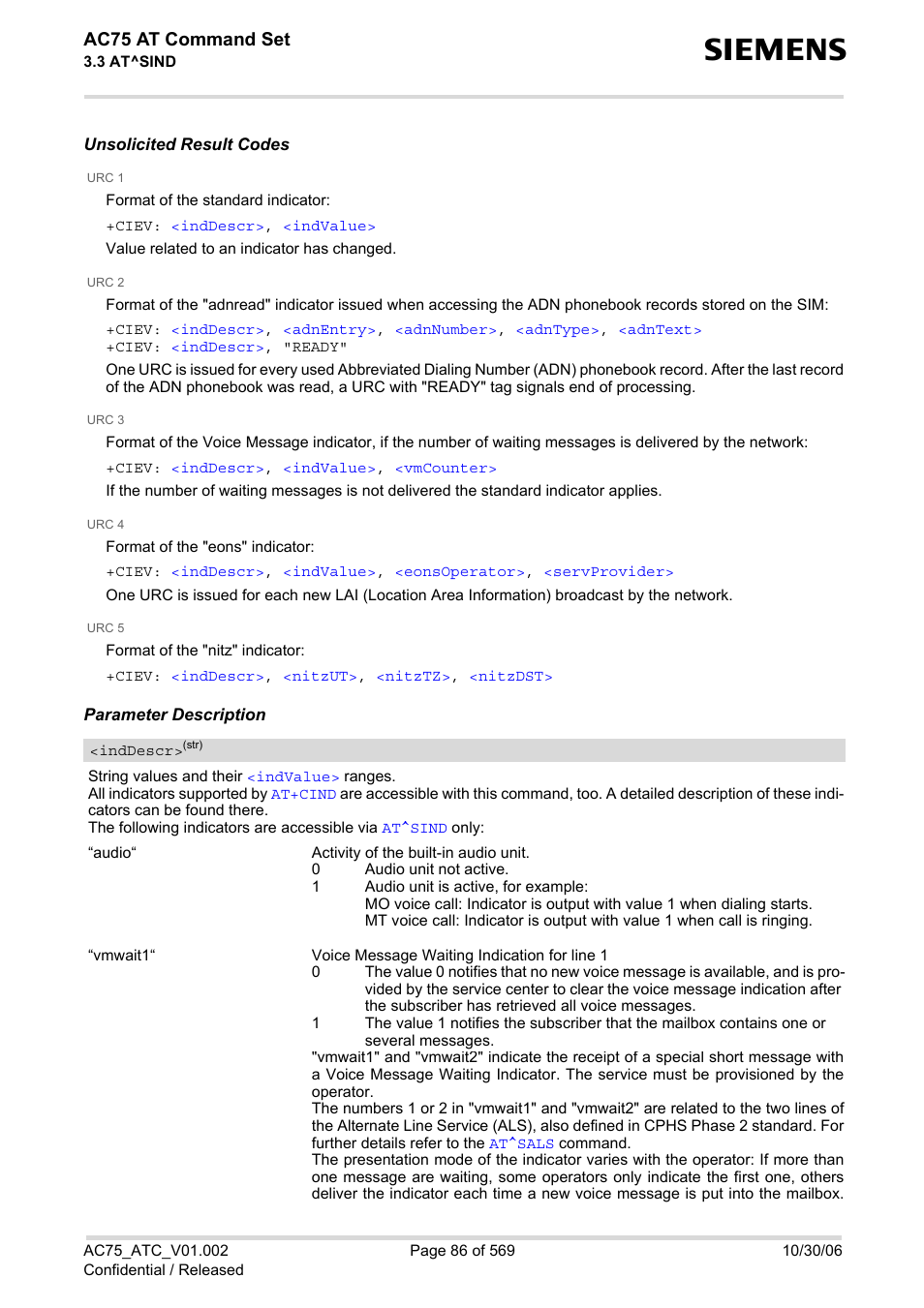 Ciev, Inddescr, List o | Sind, Nitz" an, Ac75 at command set | Siemens AC75 User Manual | Page 86 / 569