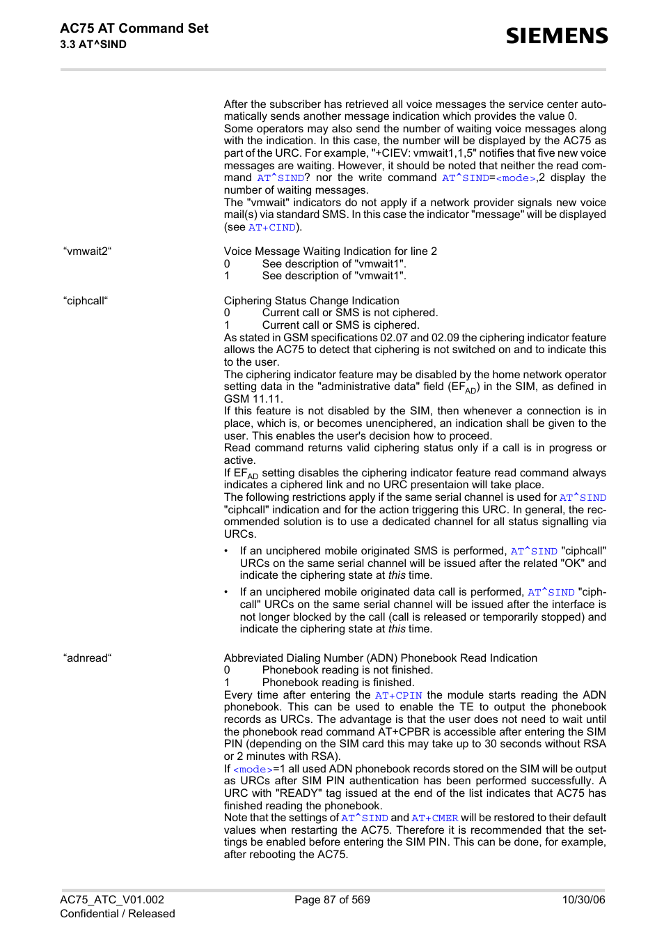 Ac75 at command set | Siemens AC75 User Manual | Page 87 / 569