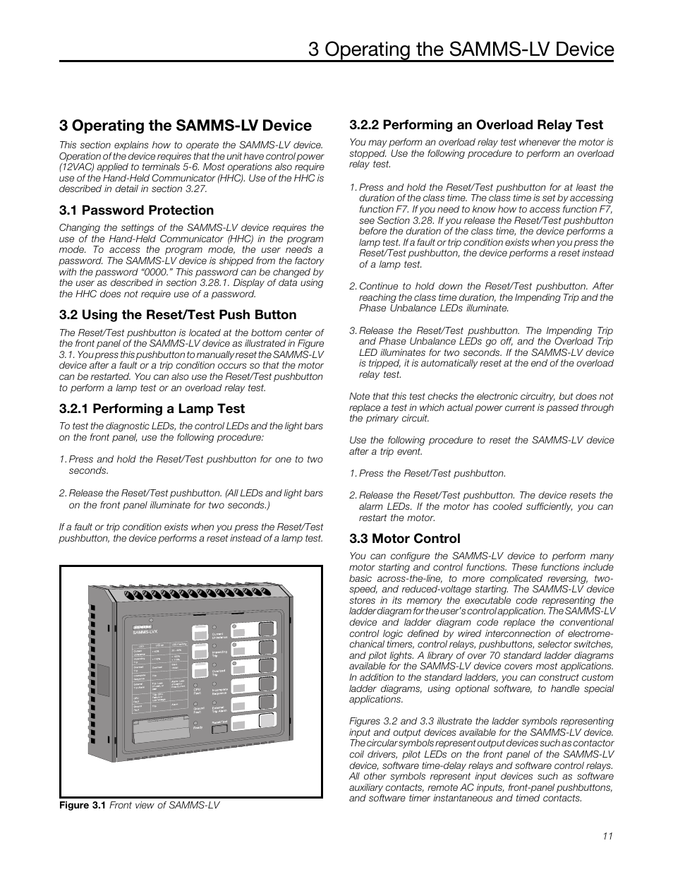 Chapter 3: operating the samms-lv device, Password protection, Using the reset/test push button | Motor control, Operating the samms-lv device, 3 operating the samms-lv device, 1 password protection, 2 using the reset/test push button, 1 performing a lamp test, 2 performing an overload relay test | Siemens MCC-3298 User Manual | Page 13 / 52