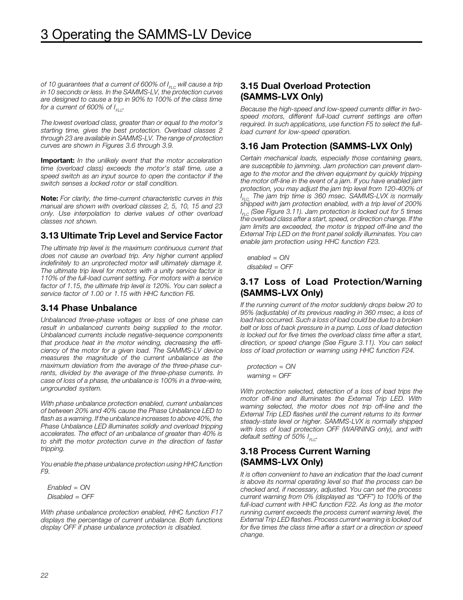 Ultimate trip level and service factor, Phase unbalance, Dual overload protection | Jam protection, Loss of load protection/warning, Process current warning, Samms-lvx only), 18 process current warning (samms-lvx only) . 22, 3 operating the samms-lv device, 13 ultimate trip level and service factor | Siemens MCC-3298 User Manual | Page 24 / 52