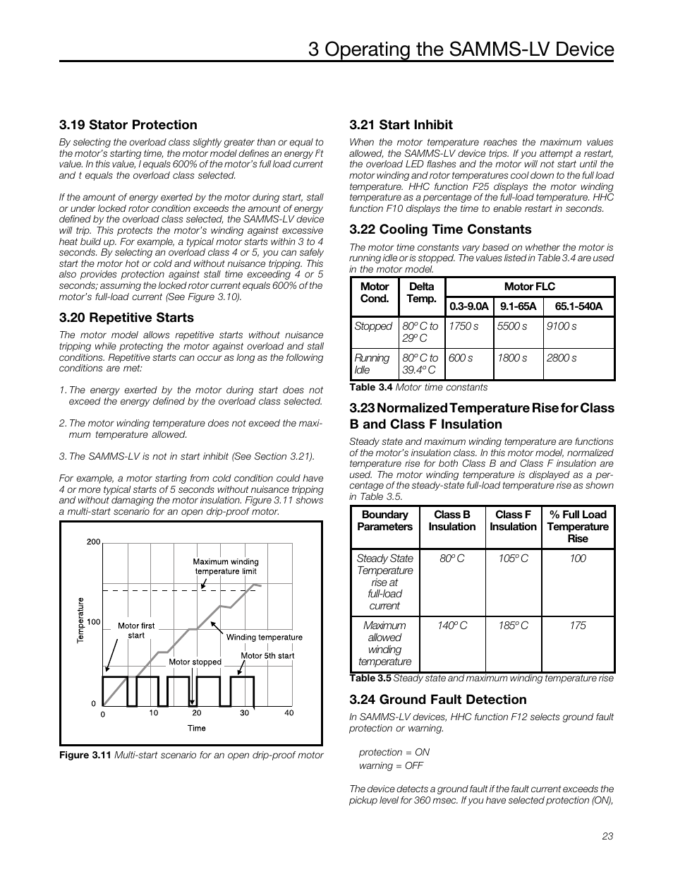 Stator protection, Repetitive starts, Start inhibit | Cooling time constants, Ground fault protection, Class f insulation, 24 ground fault detection, 3 operating the samms-lv device | Siemens MCC-3298 User Manual | Page 25 / 52