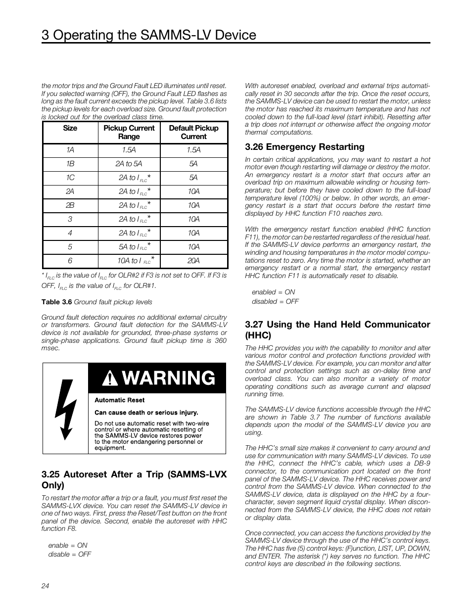 Autoreset after a trip, Emergency restarting, Using the hand held communicator | Described in detail in section 3.27, 3 operating the samms-lv device, 25 autoreset after a trip (samms-lvx only), 26 emergency restarting, 27 using the hand held communicator (hhc) | Siemens MCC-3298 User Manual | Page 26 / 52