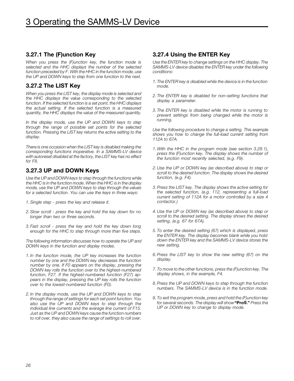 3 operating the samms-lv device, 1 the (f)unction key, 2 the list key | 3 up and down keys, 4 using the enter key | Siemens MCC-3298 User Manual | Page 28 / 52