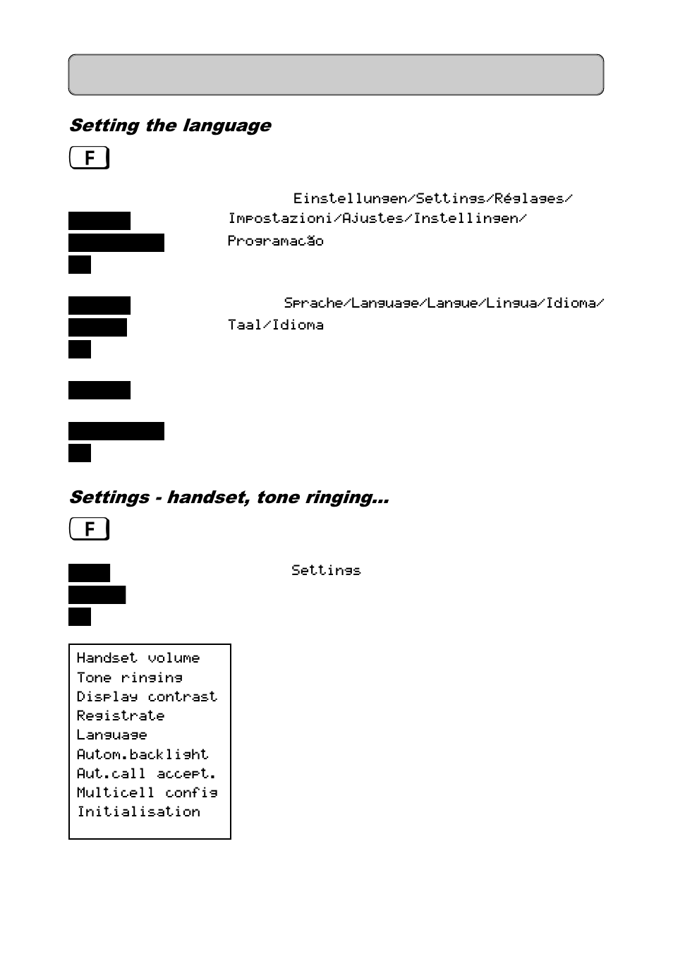 Setting the language, Settings - handset, tone ringing, Settings | Siemens 300 User Manual | Page 46 / 56