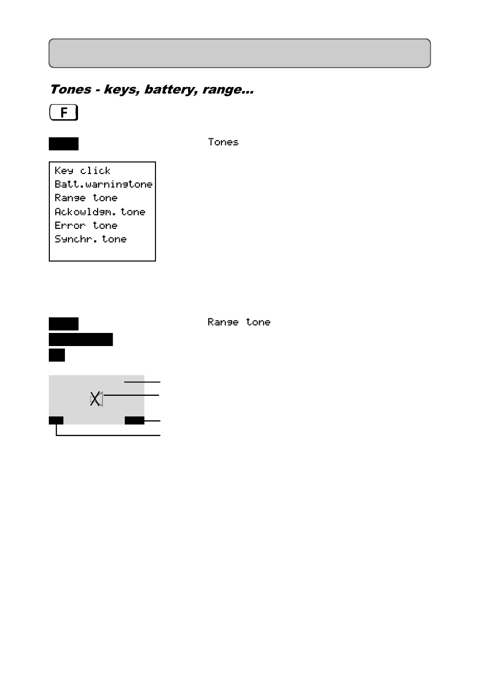 Tones - keys, battery, range, Overview - tones, Settings | Siemens 300 User Manual | Page 49 / 56