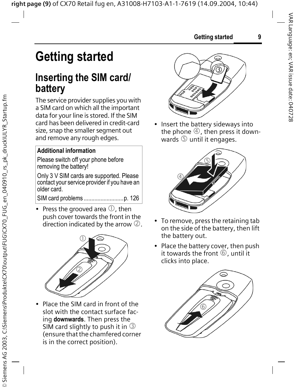 Getting started, Inserting the sim card/ battery, Inserting the sim card | Battery | Siemens CXT70 User Manual | Page 10 / 151