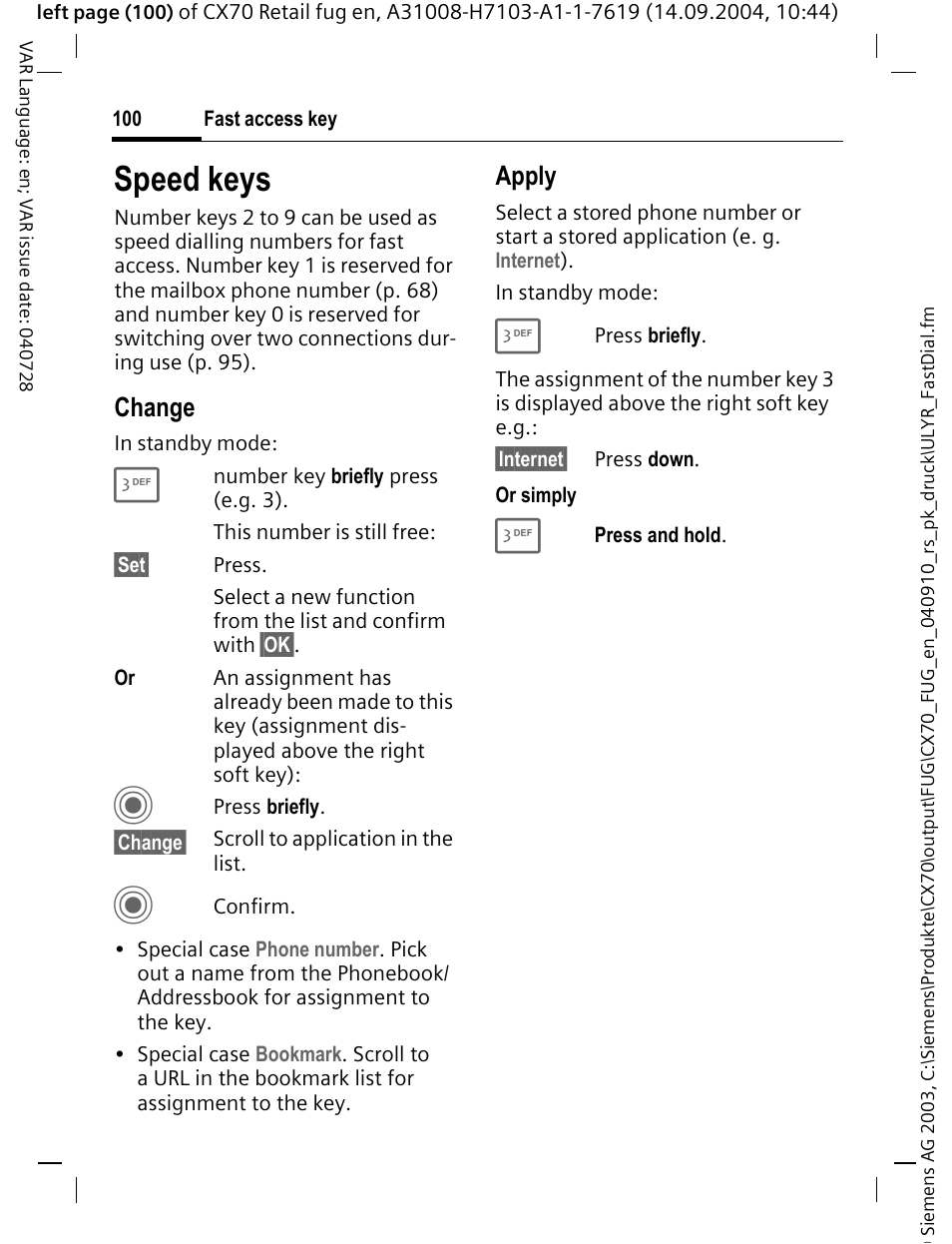 Speed keys, Change, Apply | Siemens CXT70 User Manual | Page 101 / 151