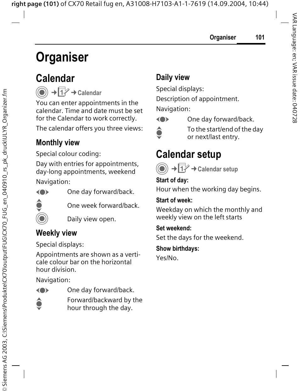 Organiser, Calendar, Calendar setup | Siemens CXT70 User Manual | Page 102 / 151