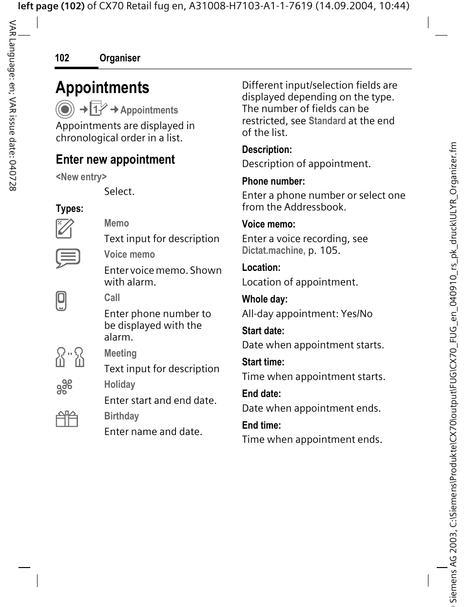 Appointments, Enter new appointment | Siemens CXT70 User Manual | Page 103 / 151