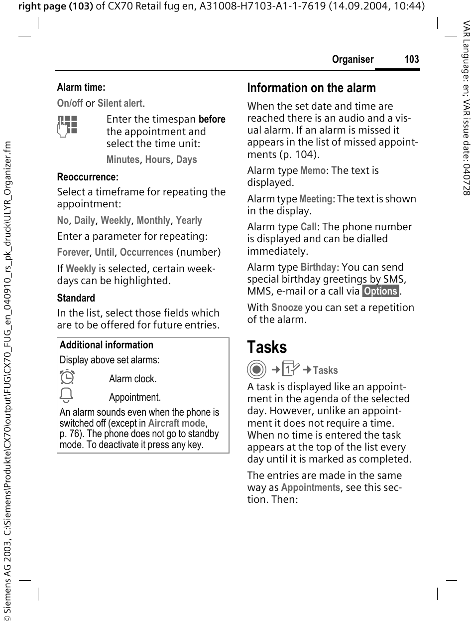 Tasks, Information on the alarm | Siemens CXT70 User Manual | Page 104 / 151