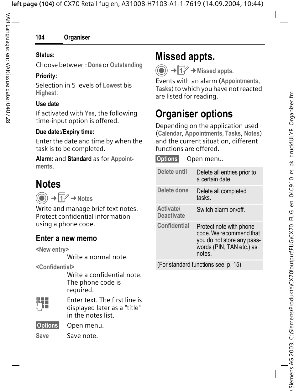 Notes, Missed appts, Organiser options | Siemens CXT70 User Manual | Page 105 / 151