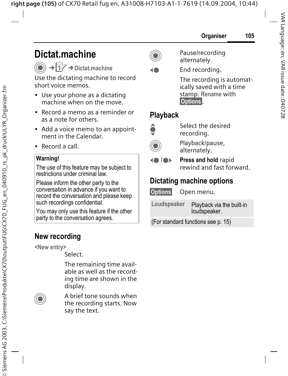 Dictat.machine | Siemens CXT70 User Manual | Page 106 / 151