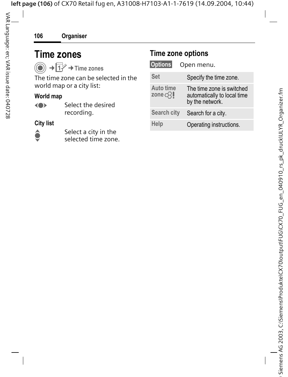 Time zones, Time zone options | Siemens CXT70 User Manual | Page 107 / 151