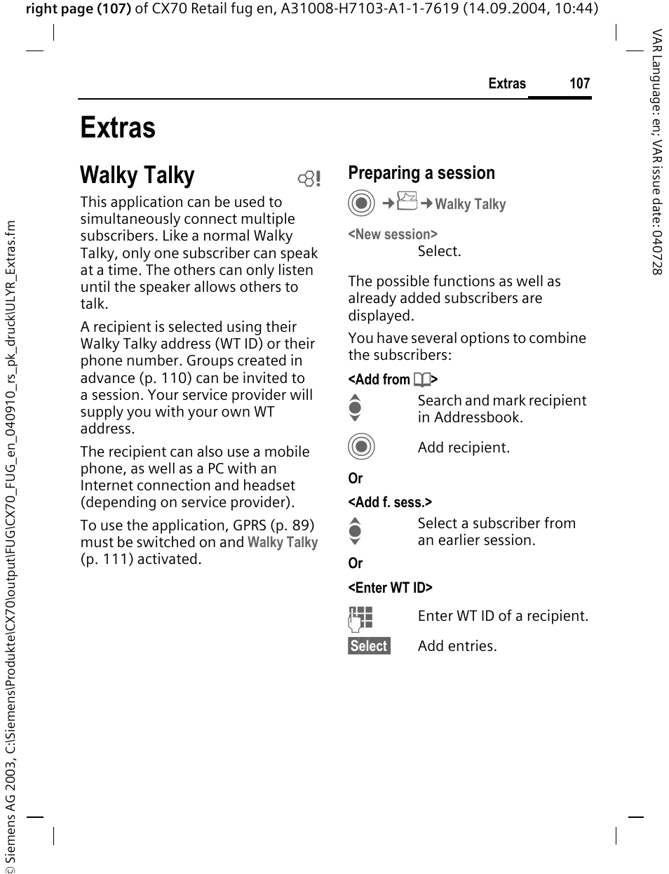 Extras, Walky talky b, Walky talky | Preparing a session | Siemens CXT70 User Manual | Page 108 / 151