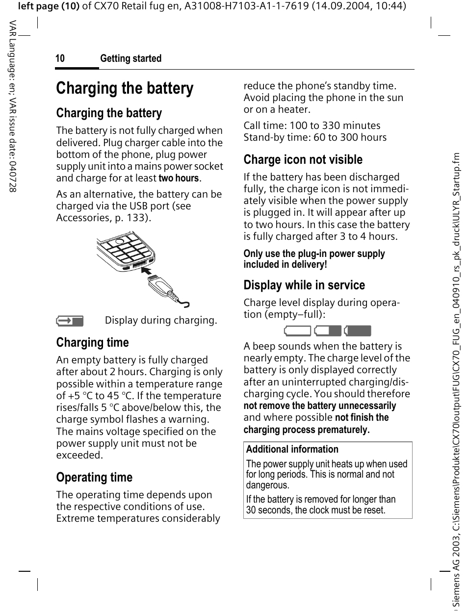 Charging the battery, Charging time, Operating time | Charge icon not visible, Display while in service | Siemens CXT70 User Manual | Page 11 / 151