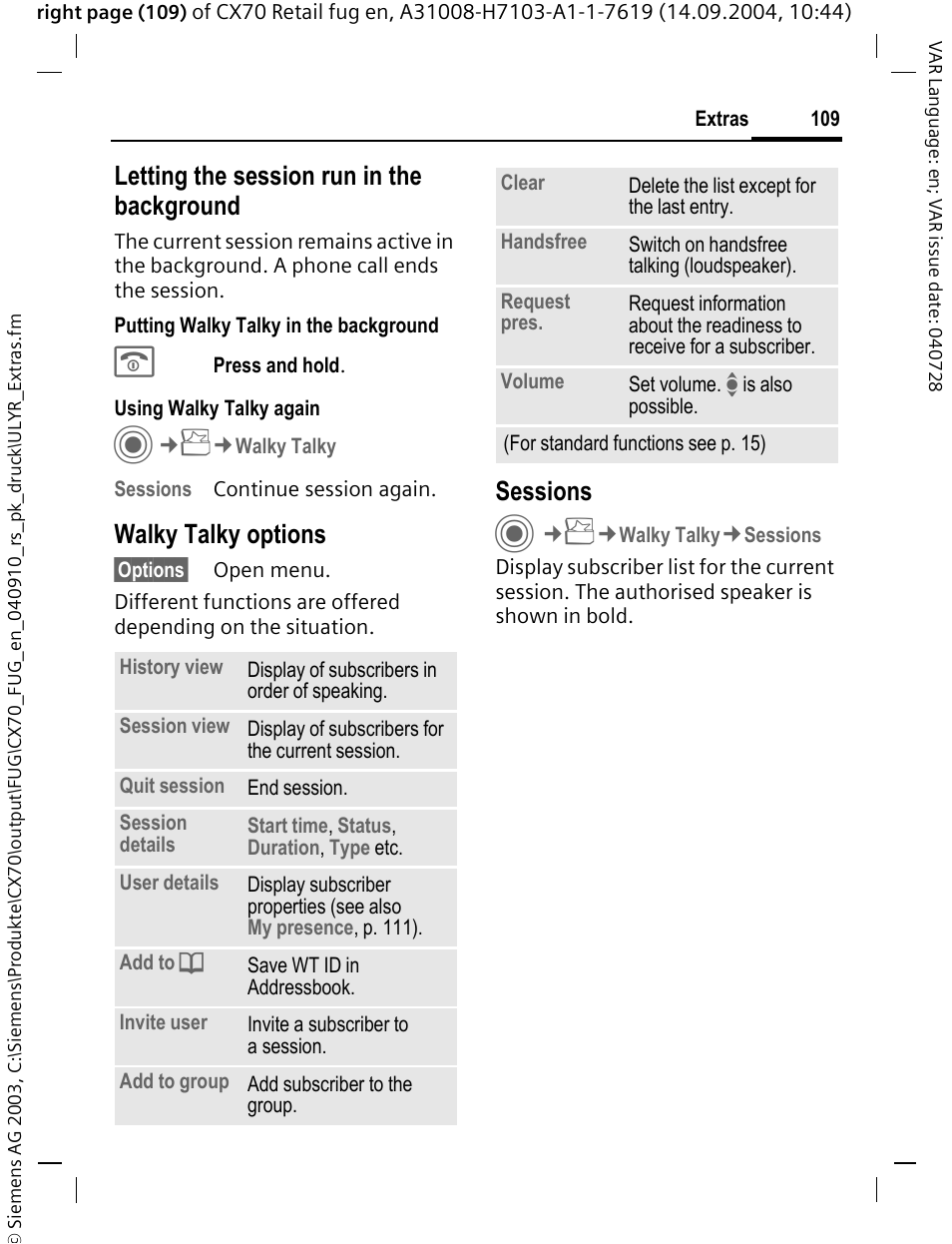 Letting the session run in the background, Walky talky options, Sessions | Siemens CXT70 User Manual | Page 110 / 151