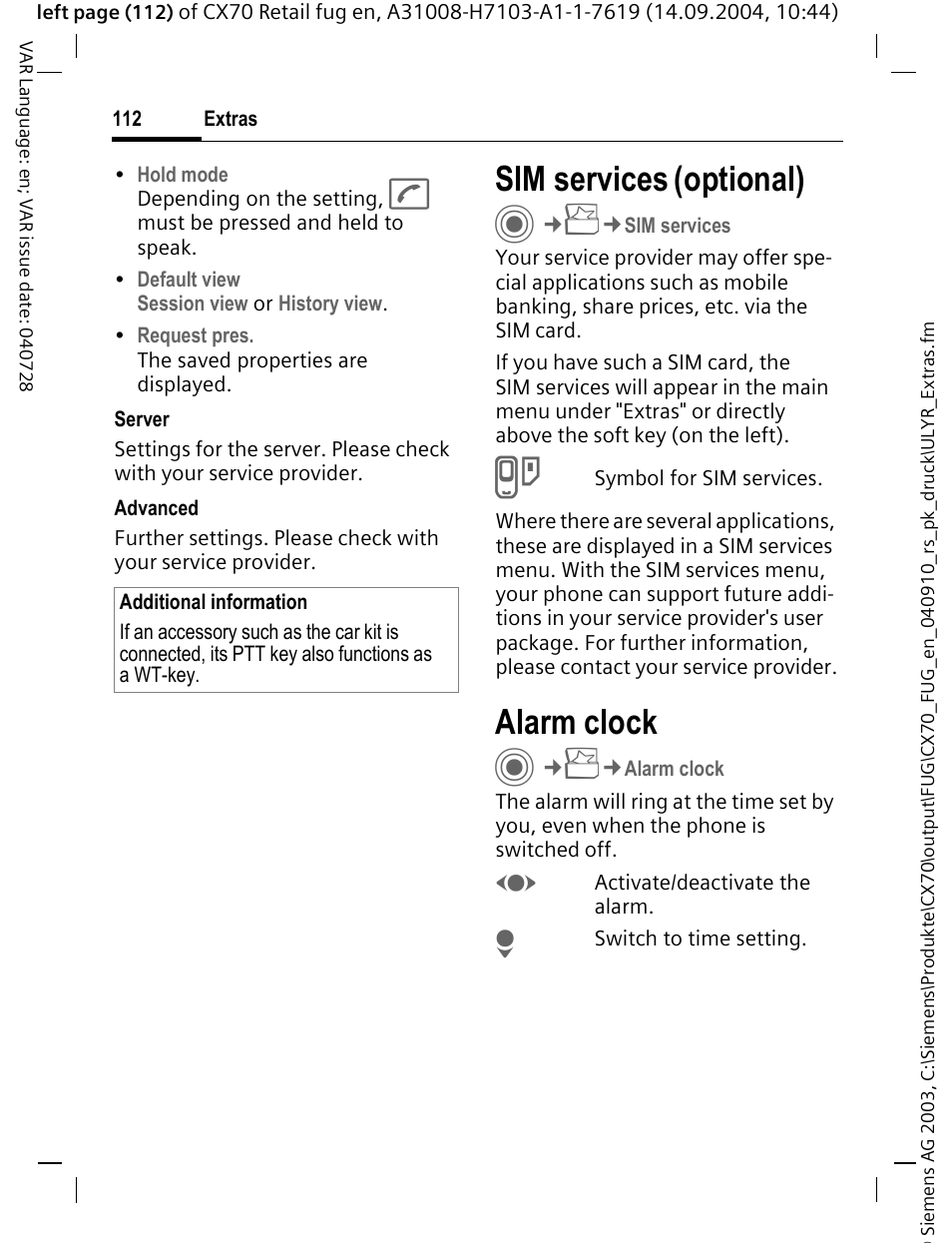 Sim services (optional), Alarm clock, Sim services (op | Sim services, Optional) | Siemens CXT70 User Manual | Page 113 / 151