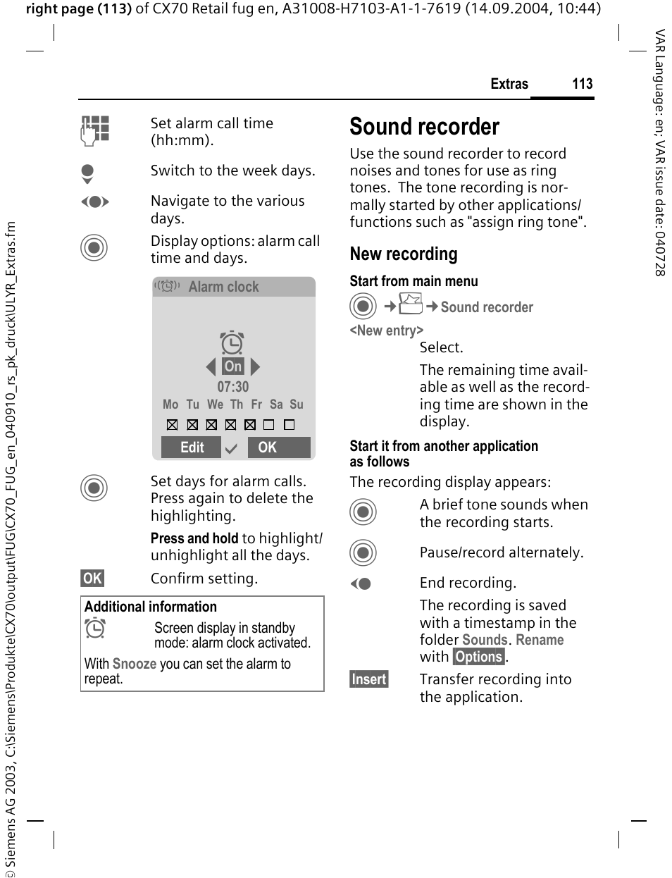 Sound recorder, Tones (p. 113) | Siemens CXT70 User Manual | Page 114 / 151