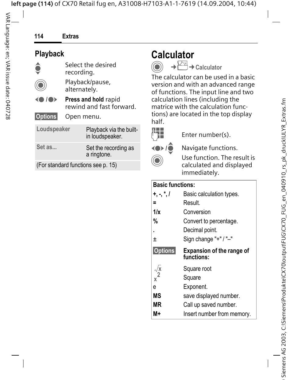 Calculator | Siemens CXT70 User Manual | Page 115 / 151
