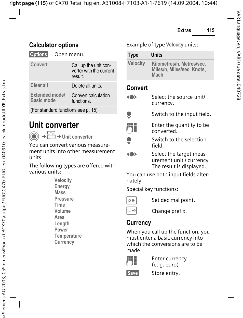 Unit converter, Calculator options, Convert | Currency | Siemens CXT70 User Manual | Page 116 / 151