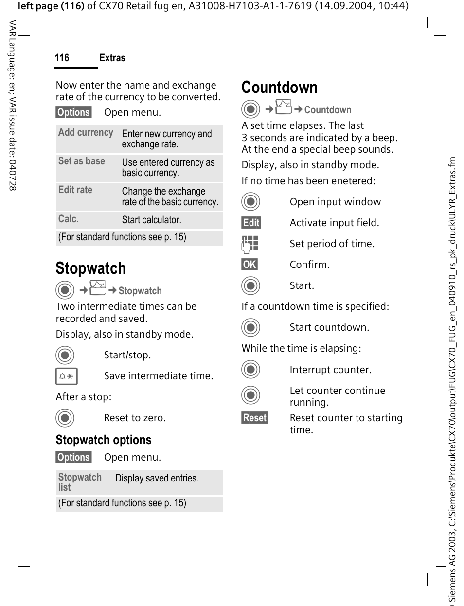 Stopwatch, Countdown | Siemens CXT70 User Manual | Page 117 / 151