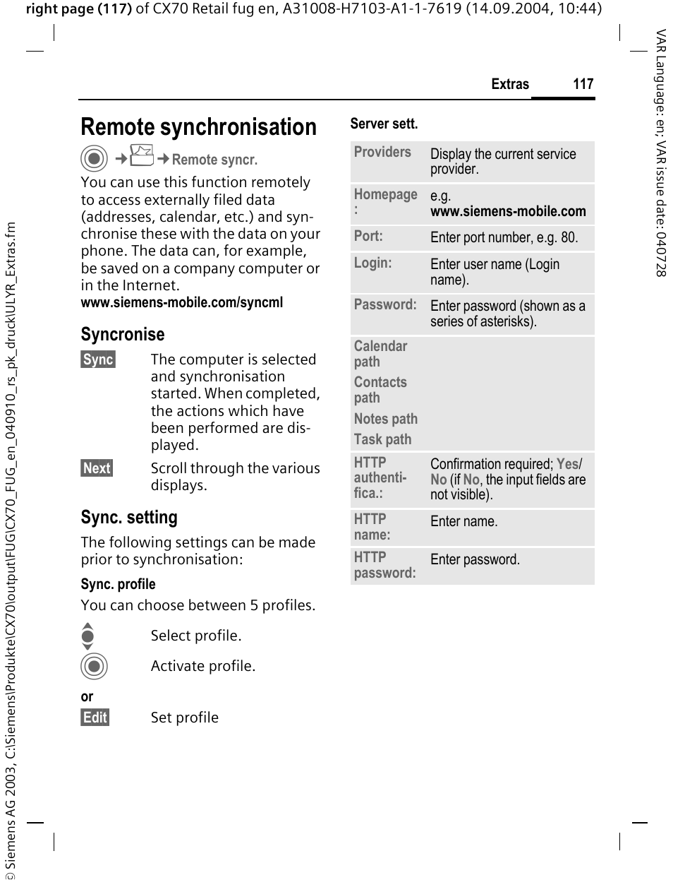 Remote synchronisation, See also p. 117), Syncronise | Sync. setting | Siemens CXT70 User Manual | Page 118 / 151