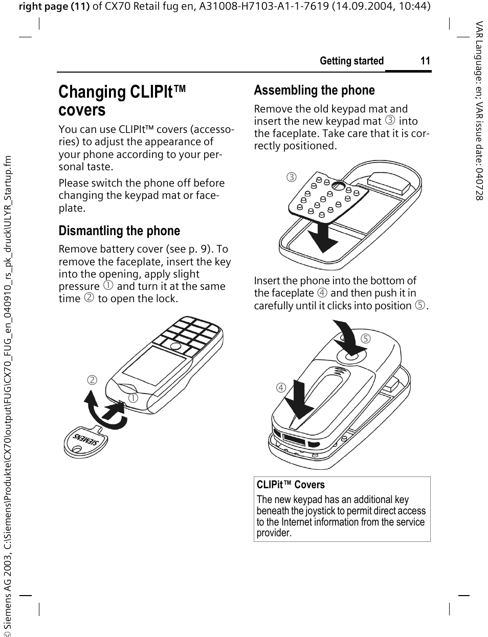 Changing clipit™ covers, Dismantling the phone, Assembling the phone | Siemens CXT70 User Manual | Page 12 / 151