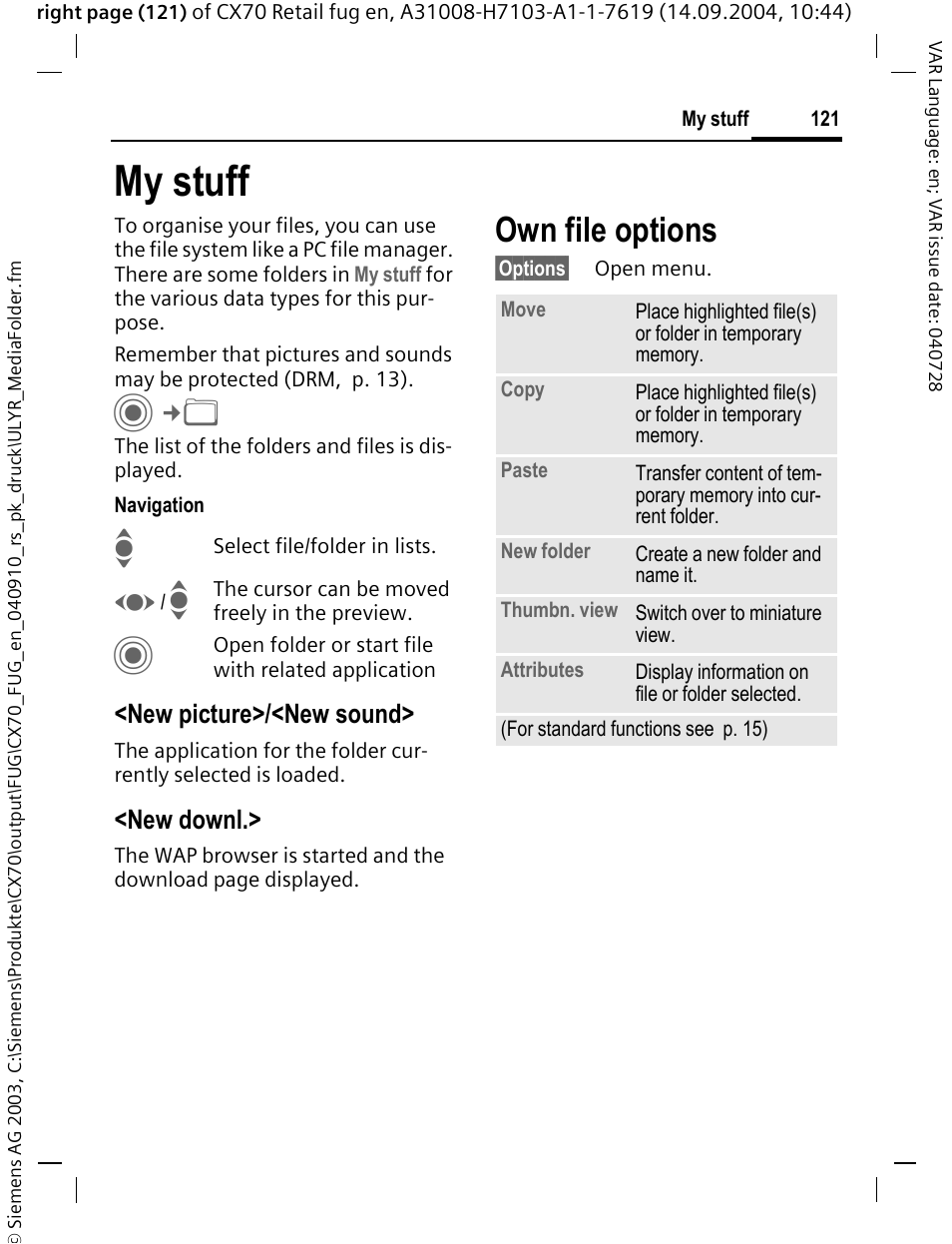 My stuff, Es (p. 121), P. 121) | Own file options, New picture>/<new sound, New downl | Siemens CXT70 User Manual | Page 122 / 151