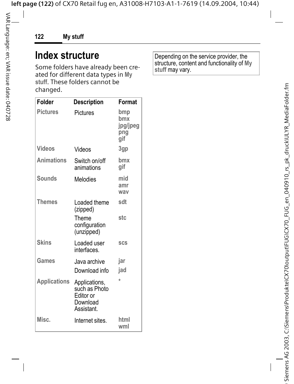 Index structure | Siemens CXT70 User Manual | Page 123 / 151