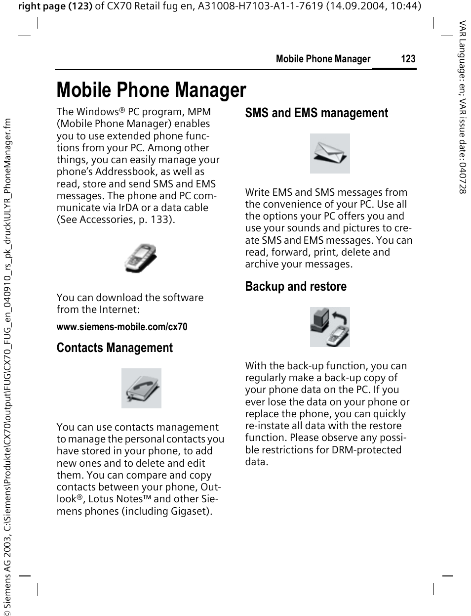 Mobile phone manager, P. 123) mak, Contacts management | Sms and ems management, Backup and restore | Siemens CXT70 User Manual | Page 124 / 151