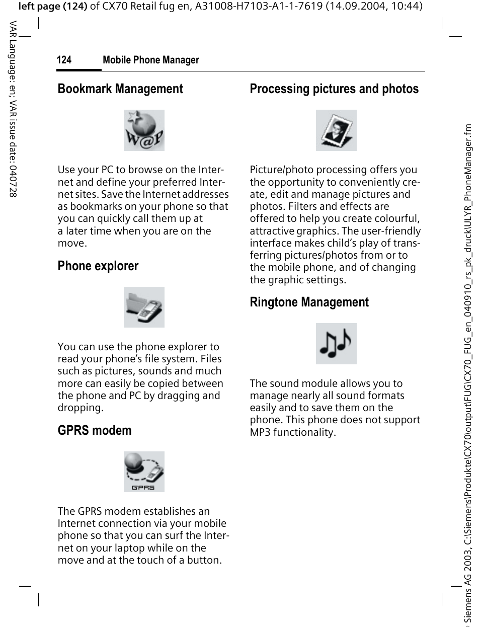 Bookmark management, Phone explorer, Gprs modem | Processing pictures and photos, Ringtone management | Siemens CXT70 User Manual | Page 125 / 151