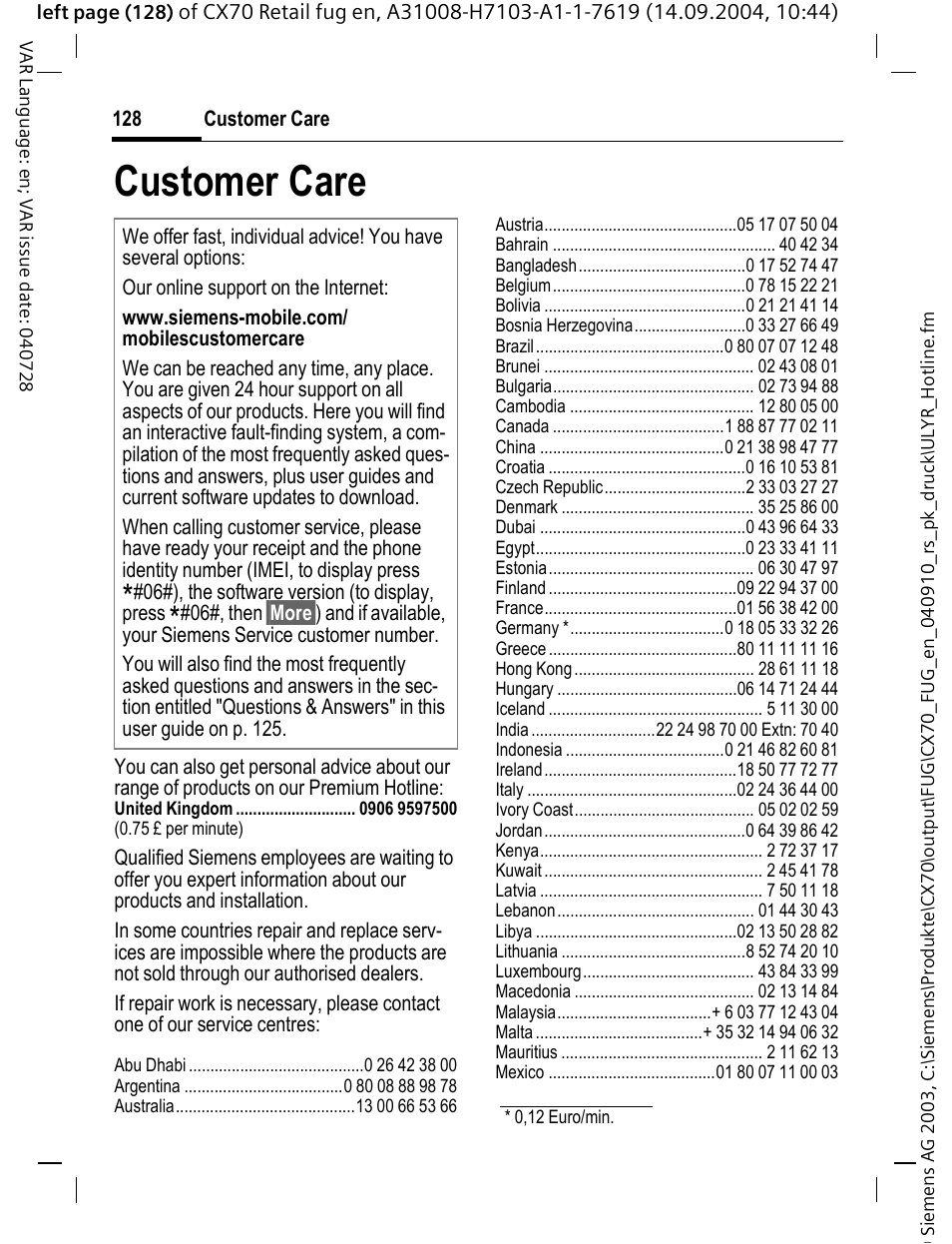 Customer care, Ice (p. 128) | Siemens CXT70 User Manual | Page 129 / 151