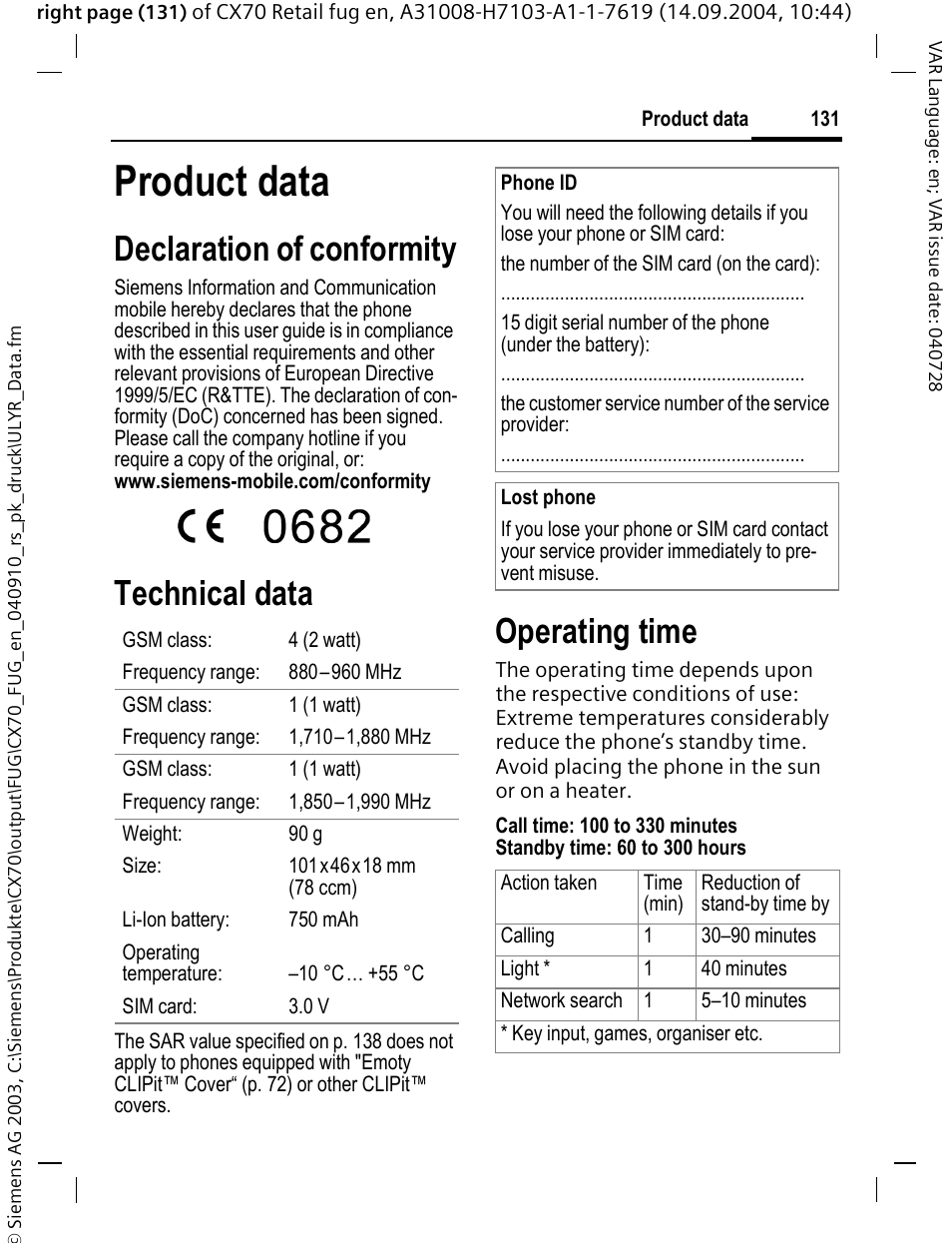 Product data, Declaration of conformity, Technical data | Operating time | Siemens CXT70 User Manual | Page 132 / 151